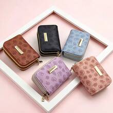 Lucky Clover Embossed Dual Zipper Card Holder, Women PU Leather Coin Purse, Multi-Card Slots Compact Card Case - Black - View 2