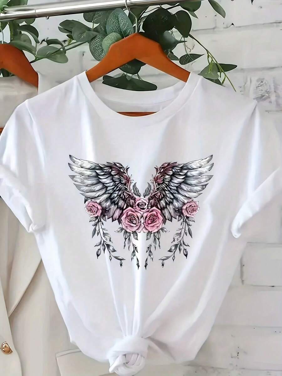 Plus Size Printed T-Shirt, Short Sleeves, Round Neck, Casual Style, Suitable For Summer And Spring, Plus Size Women's Clothing. Elegant Party Outfit, T-Shirt For Elegant Ladies, Blouses Suitable For Curvy Women, Prom Skirts, Casual Wear. Adorable Animal Print, Fun Letter Print. - 白色 - 查看 1