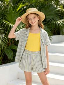 Conjunto de 3 piezas de ropa para niñas, con rayas verticales azules, amarillas y blancas con textura de tela arrugada de burbujas, una camisa de cuello casual, brillante - Amarillo - Ver 3