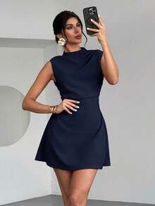 mini fruncido de línea A elegante, sencillo, exquisito, romántico y dulce para uso diario, boda, fiesta musical, vacaciones.Top rojo sin tirantes. - Azul marino - Ver 8