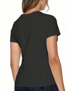 1 pieza Camiseta con estampado de gato color café para mujer, nueva camiseta de verano casual de cuello redondo de algodón puro de manga corta para mujer (1 pieza) 180g 100% algodón - Negro - Ver 3