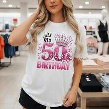 1 pieza de camiseta de algodón para mujer, diseño de corona brillante y diamantes, cuello redondo, manga corta, corte holgado informal, tallas S-5XL, ideal para celebraciones de cumpleaños, opciones de color negro/rosa, material cómodo de puro algodón, camiseta gráfica para mujer, 180g 100% algodón. - Negro - Ver 7