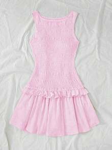 Vestido corto con volantes color albaricoque - Rosa - Ver 5
