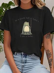 Camiseta Casual para Mujer |   Hechicero de Rana con Eslogan "En un mundo lleno de 'hahas', soy un 'hehe'", Cuello Redondo, Tejido de Elasticidad Media, Transpirable, No Transparente, Corte Holgado, Lavable a Máquina, Estampado Divertido, Ideal para Primavera, Verano, Otoño - Negro - Ver 6