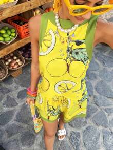 MAQE  2 piezas Conjunto de pantalones cortos sin mangas con estampado de limón, uso diario casual, conjunto de vacaciones que elevan el ánimo para mujeres - Amarillo - Ver 6
