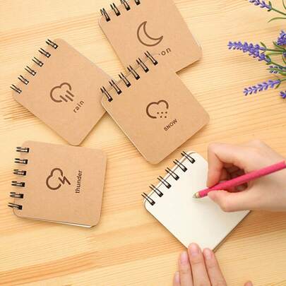 1pc Mini Spiral Notebook Made Of Kraft Paper - Random Style - Weather Theme Pocket Journal - Cute Moon, Rain, Cloud, Lightning Patterns - High-Quality Spiral Notebook, Thick Paper That Doesn't Bleed Through, Sturdy Coil Binding, Lies Flat For Comfortable Writing, Compact Size For Portability, Suitable For Students And Office Use