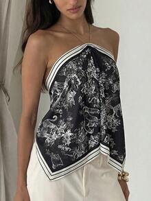 Blusa de mujer elegante con cuello de halter, estampado de tinte anudado y gasa para vacaciones en la playa - Negro - Ver 1