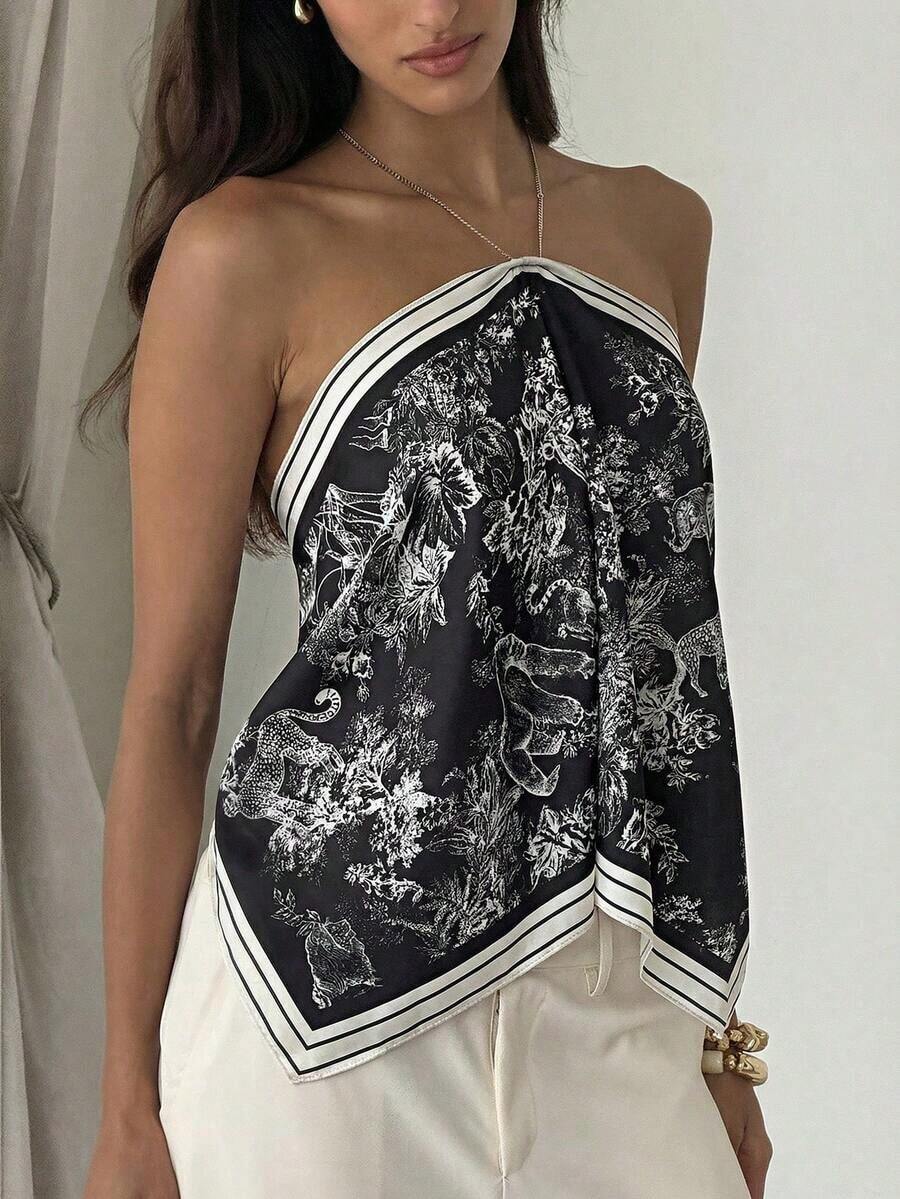 Blusa de mujer elegante con cuello de halter, estampado de tinte anudado y gasa para vacaciones en la playa - Negro - Ver 1
