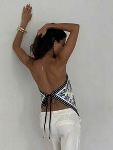 Blusa de mujer elegante con cuello de halter, estampado de tinte anudado y gasa para vacaciones en la playa - Azul marino 2 - Ver 3