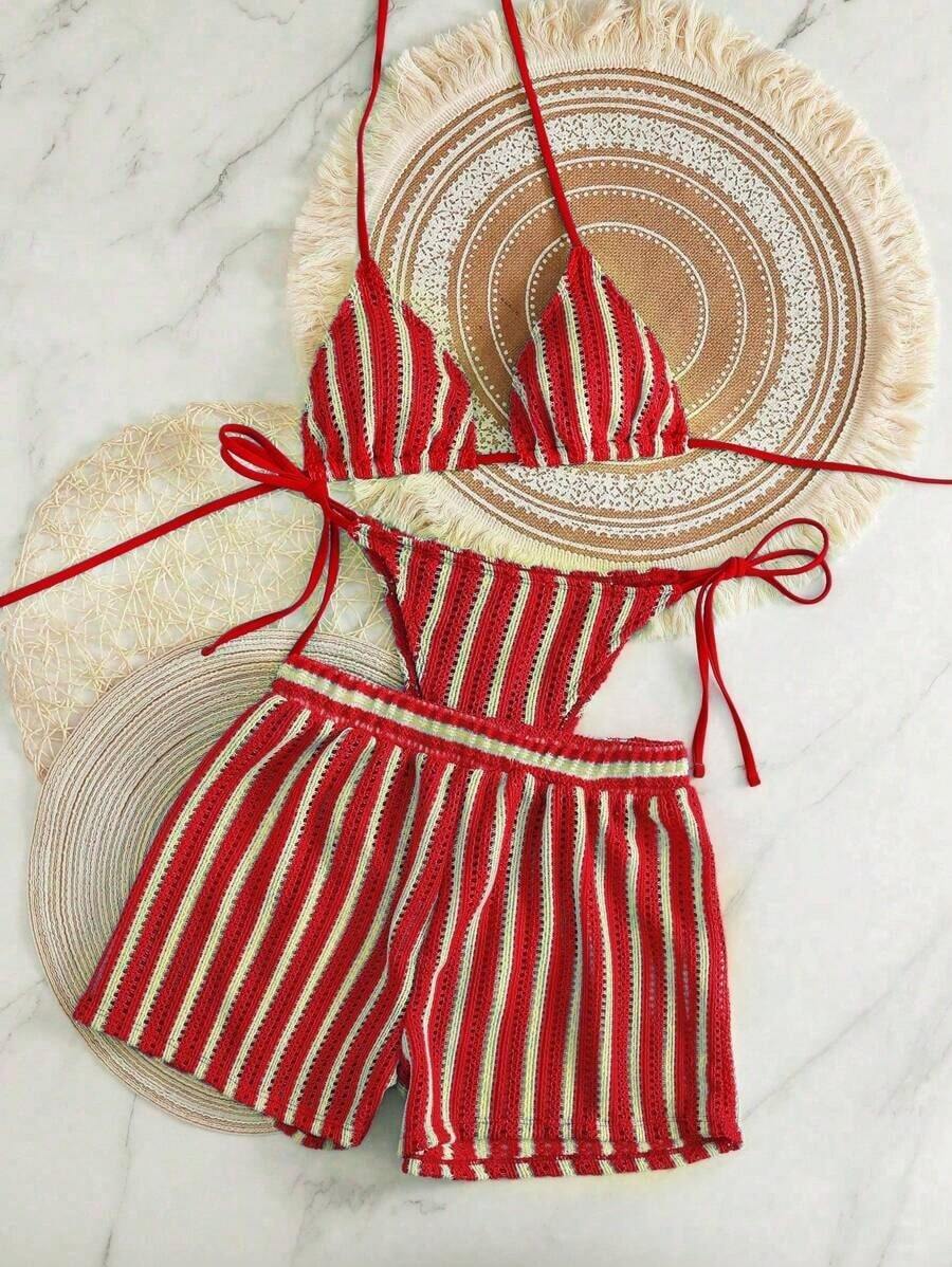 Set de 3 piezas de cubrecosturas de estilo bohemio con cordón de tela de ganchillo para bikini - Rojo - Ver 1