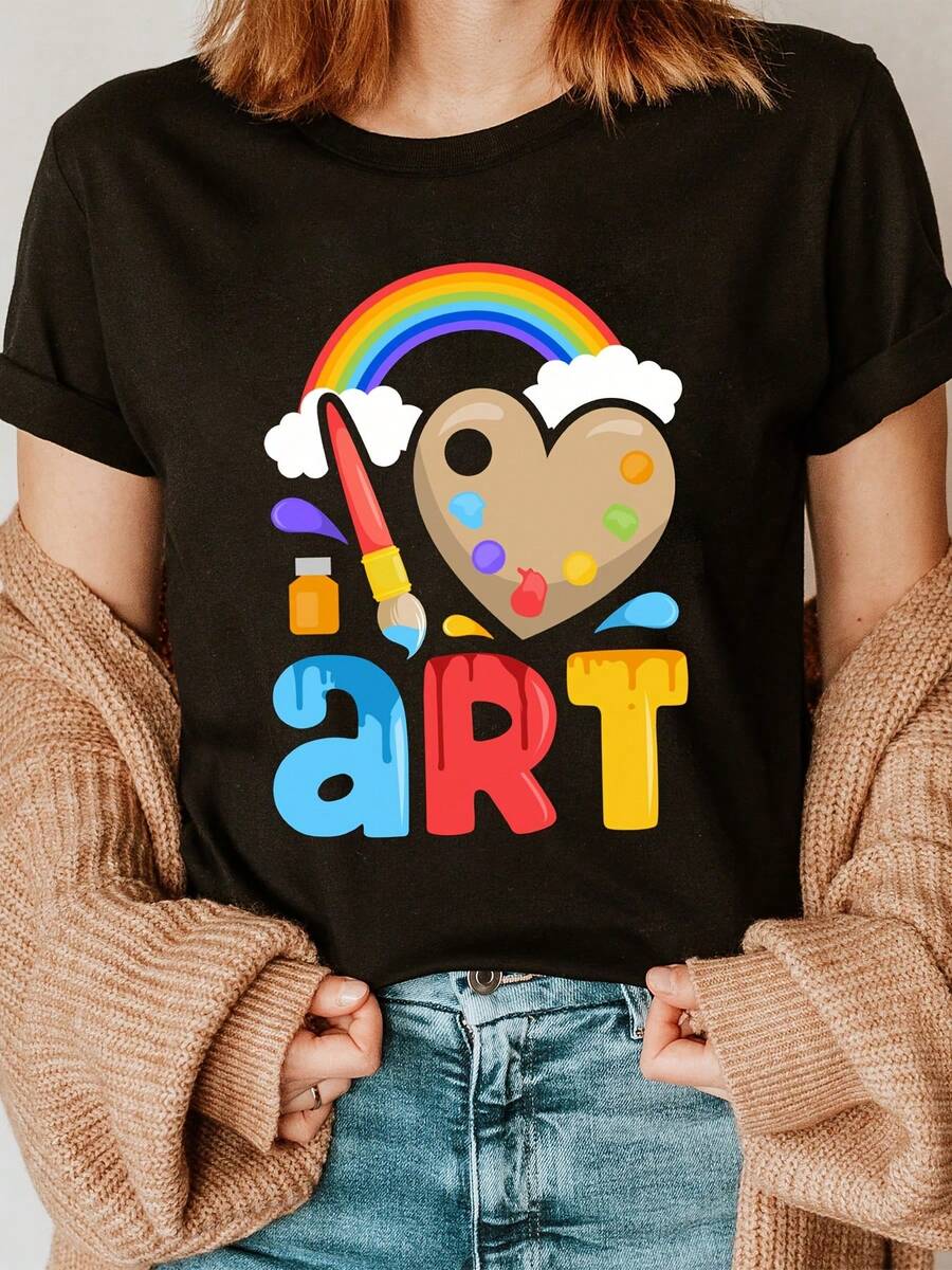 Camiseta manga corta cuello redondo 100% algodón, estampado trendy, tejido ligero y ventilado, estilo moda casual, apta para vida diaria, salidas informales y citas en primavera, verano y otoño - Negro - Ver 1