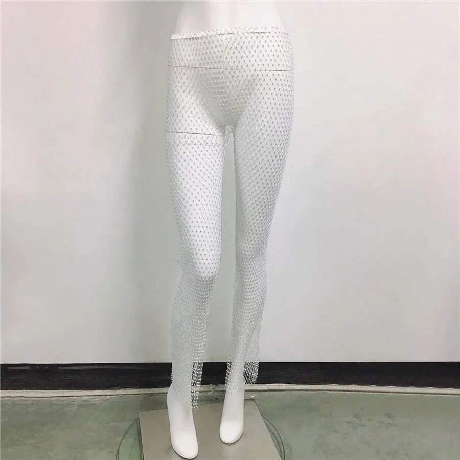 Ropa de calle Sexy y2k, pantalones de rejilla con diamantes de imitación, ropa de mujer transparente, pantalones de fiesta para club, ropa vintage, pantalones de pierna ancha - Blanco - Ver 1