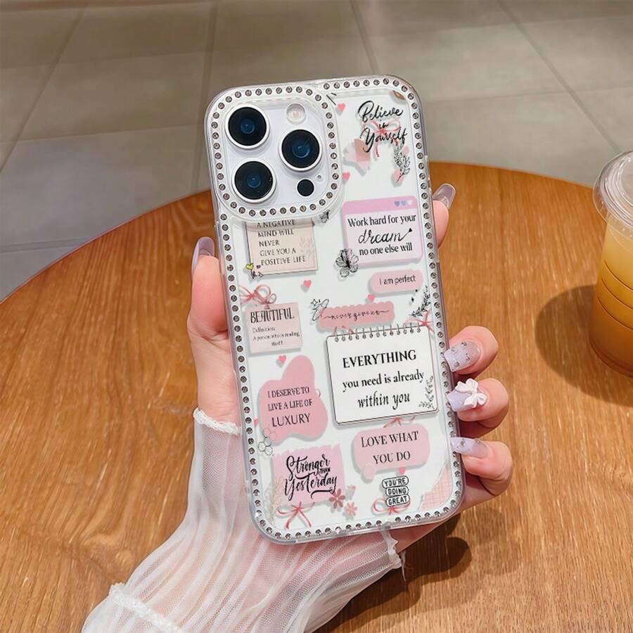 Phone Case - 1pc Modern Rhinestone Letter Sticker Clear Case For IPhone 17 16 15 14 13 12 11 Pro Max Air - 彩色 - 查看 1