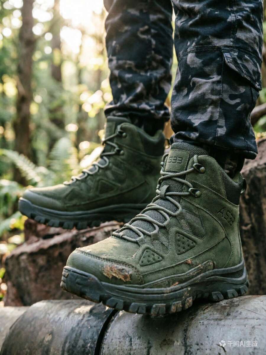 1 Pair Military Green Solid Color Outdoor Synthetic Leather Lace-Up Side Zipper Tactical Boots, Outdoor Hiking Boots, Suitable For All Seasons - Army Green - View 1