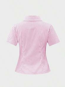 Blusa elegante de oficina de corte ajustado con rayas amarillas y blancas de manga corta, para uso universitario, camisa a rayas azules, camisas de verano para mujer - Rosa - Ver 9