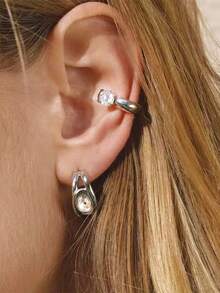 1pc Summer Chunky18k Gold-Plated Women's Stainless Steel Ear Clips, Cubic Zirconia Jewelry Accessories, Luxury Bohemian Style, Suitable For Everyday Vacation Wear - Multicolor 2 - View 3