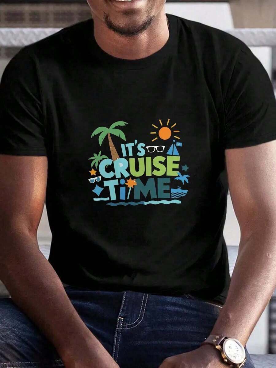 Camiseta negra para hombre "It's Cruise Time" con estampado gráfico de vacaciones, cuello redondo informal y manga corta para viajeros y salidas diarias. - Negro - Ver 1
