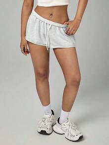 Pantalones cortos casuales sueltos de cintura elástica de unicolor para mujer - Gris - Ver 6