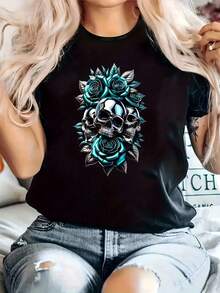 Women's Plus Size Casual T-Shirt, Printed, Round Neck, Short Sleeve, Slightly Stretchy Fabric, Regular Fit, Comfortable For All Seasons, Women's Clothing - 黑色 - 查看 7