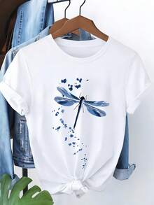 Camiseta de Manga Corta para Mujer con Estampado de Libélulas y Flores, Versátil, Fácil de Cuidar, Estilo Casual a la Moda, Adecuada para Uso Diario - Blanco - Ver 10