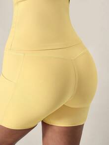 TimeOff 1 Set Women's Solid Color Fitted Short Sleeve T-Shirt And Shorts Sports Suit - Yellow - View 7