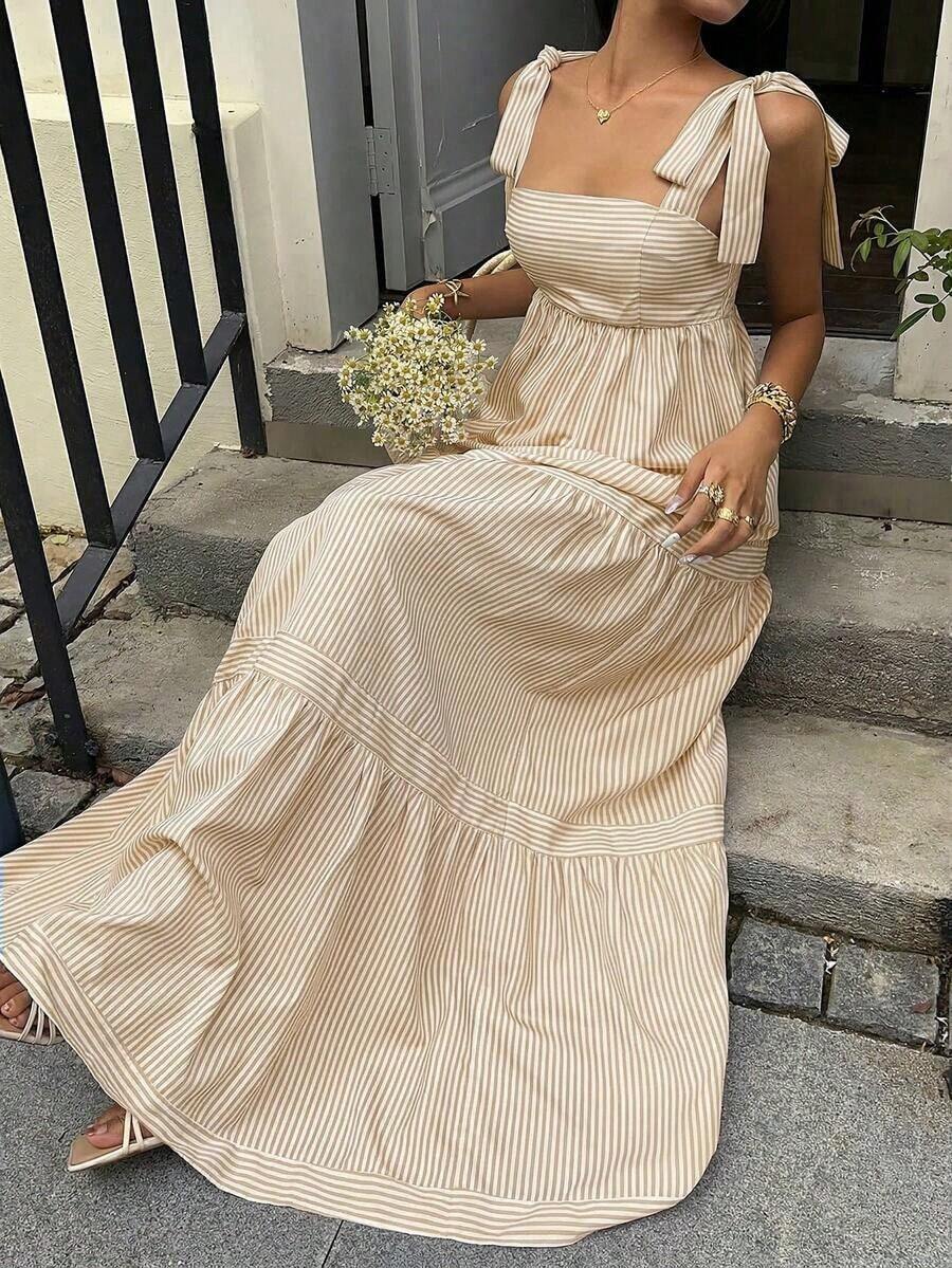 Vestido largo con correa de espagueti de cintura alta, escote cuadrado, sin mangas y espalda descubierta con cordón, a rayas azules, de estilo sexy y de vacaciones, para primavera/verano - Caqui - Ver 1