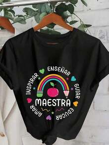 Camiseta gráfica de mujer de manga corta, cuello redondo, casual para primavera/otoño/verano, con eslogan educativo de corazón de manzana arcoíris, para el Día de San Valentín/regreso a la escuela, color blanco - Negro - Ver 5