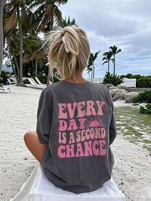 Women's Casual Loose Fit Crew Neck Off Shoulder Slogan Print T-Shirt, Graphic Tee, White Top, Black Top - 深灰色 - 查看 6