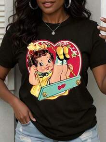 100% Algodón Linda Camiseta Vintage Cupido Bebé en Columpio Diseño de Corazón para Mujeres Casual Top de San Valentín Blanco 180g suave - Negro - Ver 8