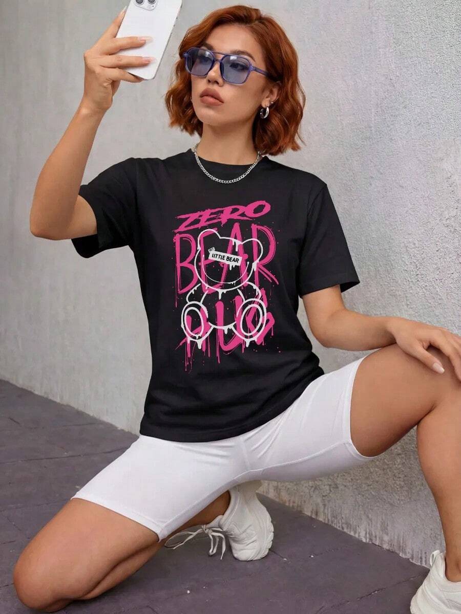 New Women's Summer T-Shirt With Graffiti Bear Print, Short Sleeve, Loose Fit, Versatile, Pure Cotton, Casual Style - 白色 - 查看 1