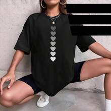 Sitio independiente de comercio exterior transfronterizo: Camiseta de algodón puro para mujer, de corte holgado, de longitud media, manga corta, con estampado de corazones en degradado, estilo europeo y americano. - Negro - Ver 1