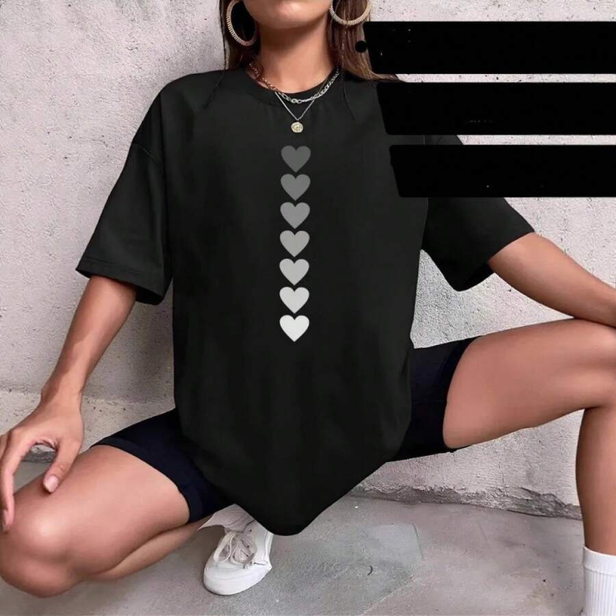 Sitio independiente de comercio exterior transfronterizo: Camiseta de algodón puro para mujer, de corte holgado, de longitud media, manga corta, con estampado de corazones en degradado, estilo europeo y americano. - Negro - Ver 1