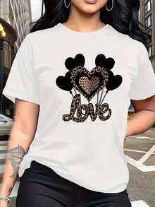 Graphic Tees2026 New Women's Pure Cotton Casual T-Shirt, Combining Wild And Soft Styles, With A Black Heart-Shaped Balloon Print And Leopard Print, And A Modern, Simple Crew Neck. A Versatile, Casual Short-Sleeve T-Shirt For Women, Suitable For Leisure, Travel, Vacations, And Other Activities. 13419 Versatile Sporty Print Short-Sleeve Cotton Summer T-Shirts For Everyday Wear - 白色 - 查看 1