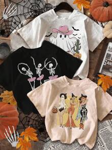 Halloween T-Shirt Set Pack. Single Garment, Not A 3-Piece Set. 1 Piece/Set Of Short-Sleeved T-Shirts Suitable For Streetwear. Oversized Round Neck Top For Daily Outings, Camping, Concerts, Hip-Hop, Rock, And Rap Events. Ghost, Skeleton, Ballerina, Witch, Elegant, Casual, Solid Color, Round Neck, Short Sleeves, Versatile. - 白色 - 查看 1
