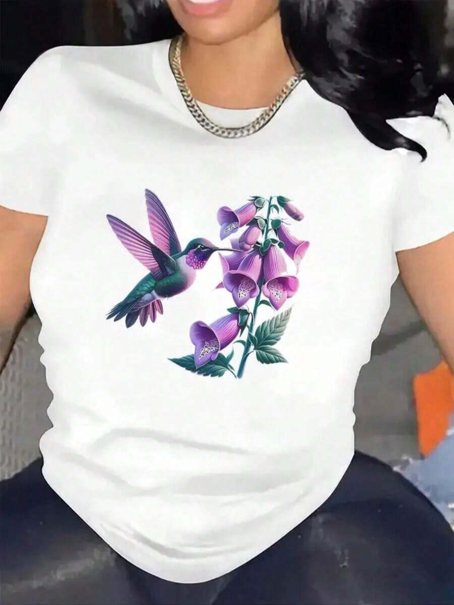 Y2K Butterfly Leaf Floral Casual Sexy Sweet Party Elegant None Beach Night Out Holiday Wedding Sporty Office Airport Outfits Country Music Concert Lunch Stage & Concert Women's T-Shirt With Hummingbird And Flower Print - Short Sleeve, Round Neck, Vibrant Tropical Design And Hearts, Machine Washable Stretch Fabric For Spring And Summer, Nature Inspired Clothing, Comfortable Fit - 紫色底白色 - 查看 1