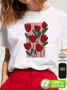 Camiseta de algodón con estampado Tulipanes Rojos casual de moda para mujer - Blanco - Ver 1