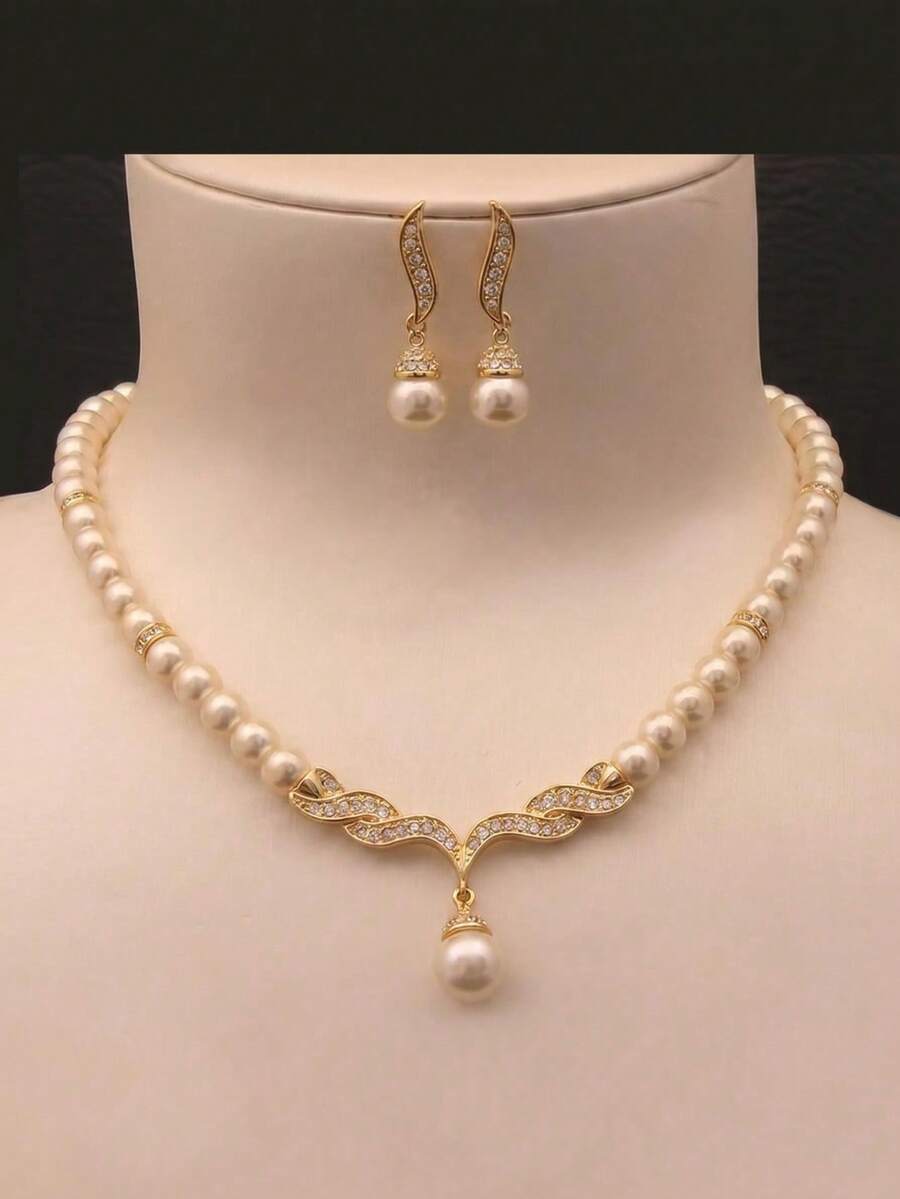 Bộ trang sức cưới thủ công đính ngọc trai và pha lê, gồm 1 đôi bông tai và 1 dây chuyền, thích hợp làm quà tặng cô dâu. - Vàng - Xem 1