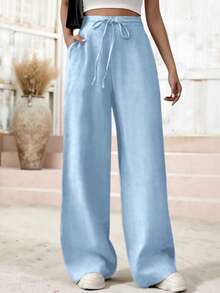 Women's Linen Palazzo Pants, Adjustable Waist With Drawstring, Side Pockets, Casual And Breathable For Vacations - 淺藍色 - 查看 6