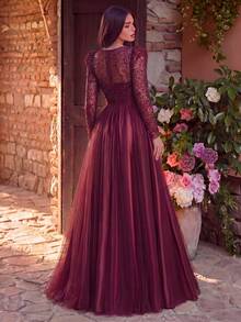 Faeriesty Elegant V-Neck Long Sleeve Formal Evening Gown - Suitable For Dinner Party, Wedding Guest Attire, Bridal Portrait, Red Carpet Event, Luxury Gala - Burgundy - View 2