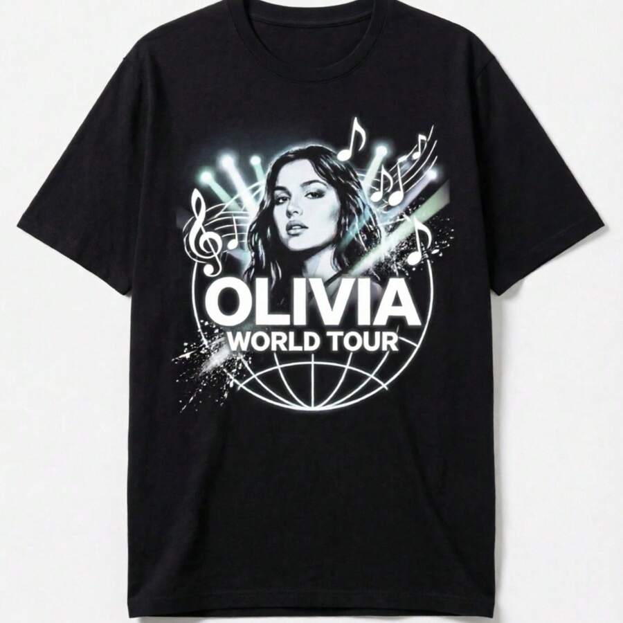 Olivia Rodrigos World Tour T-Shirt With Music Note Graphic & Bold Lettering Design, Crew Neck Tee, Short Sleeve Top, Basic Tee, Casual Tee, Tee, Shirt, T-Shirt, Top, Unisex, All-Season Daily Wear For Pop Music Fans, Black T-Shirt - 黑色 - 查看 1