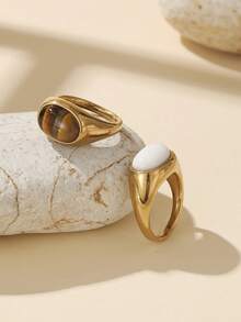 2pcs Stainless Steel Oval Rings With White And Brown Gemstones, Available In Multiple Sizes And Colors, Suitable For Women As Accessory Or Gift, High Quality, Durable, Won't Fade Or Discolor - Yellow Gold - View 1