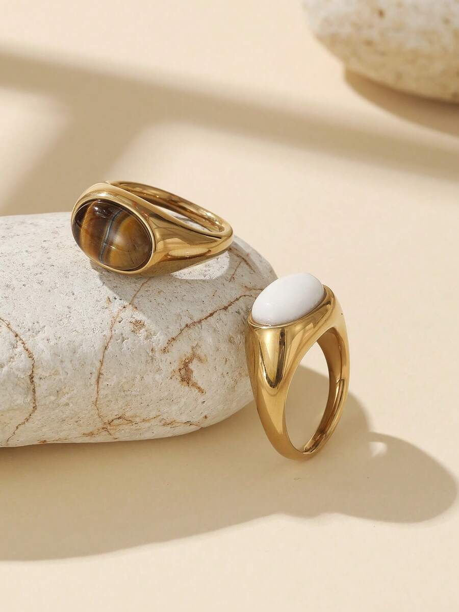 2pcs Stainless Steel Oval Rings With White And Brown Gemstones, Available In Multiple Sizes And Colors, Suitable For Women As Accessory Or Gift, High Quality, Durable, Won't Fade Or Discolor - Yellow Gold - View 1