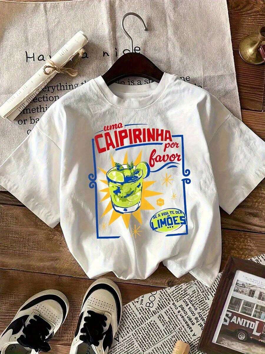 Dam T-shirt i Stora Storlekar med Brasilianskt Cocktailtryck - Svart 100% Bomull, Casual Kortärmad Rundhalsad Topp, Medium Stretch, Maskintvättbar, Bekväm och Rolig Design för Vår och Sommar, Sommaroutfit för Damer - Vit 2 - Visa 1