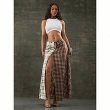 Mixed Plaid Button Front Skirt Fashionable Streetwear Fold Over Skirt - 彩色 - 查看 3