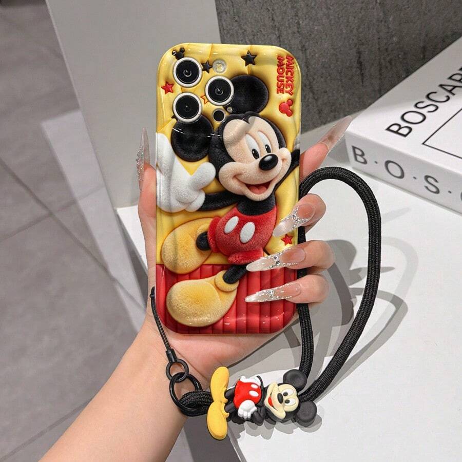 Disney Mickey Mouse Clubhouse Phone Case : 3D Fluffy Pattern Border Protector Phone Soft Phone Case With A Free Cute Mickey Bracelet Chain Lanyard, Mickey, Minnie, Goofy, Donald Duck, Daisy Duck, Pluto, For Apple 17 Promax 17 Pro 16 15 14 13 12 11 Pro Max XS Max X XR Soft Cover Summer Phone Case - trắng - Xem 1