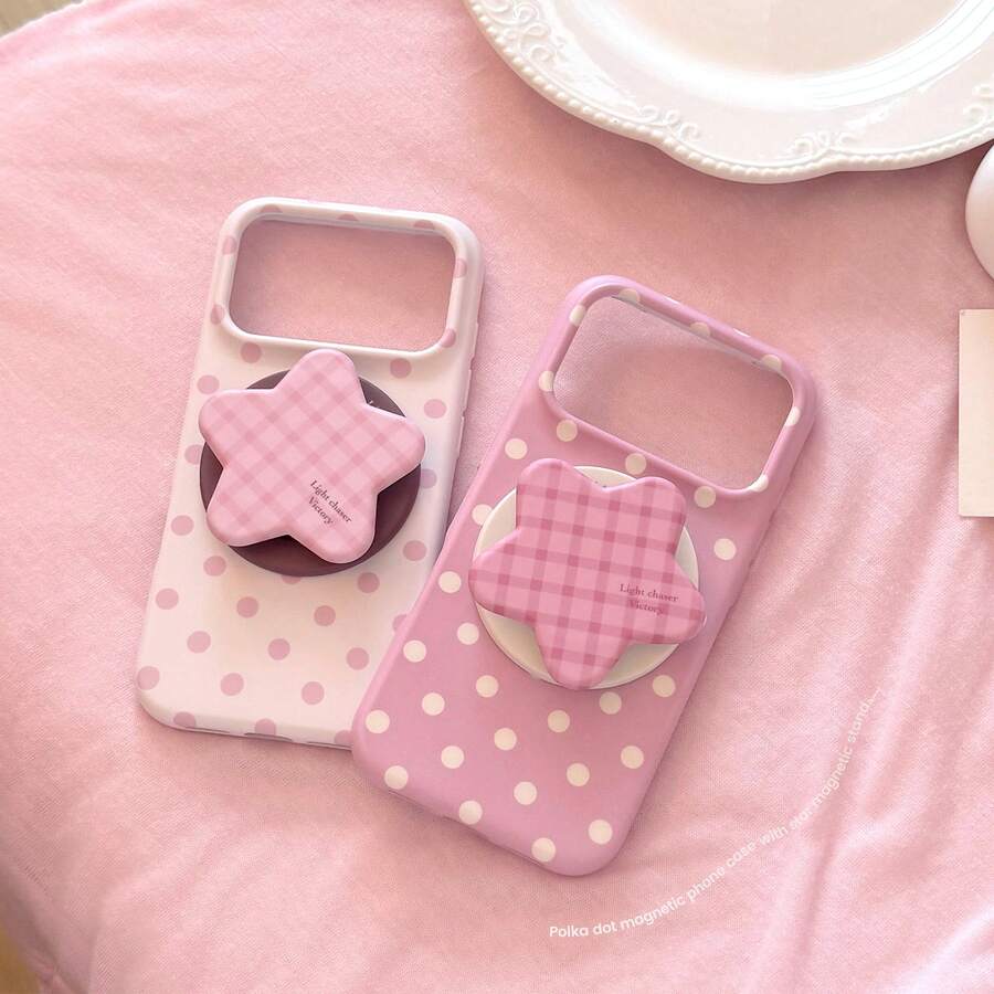 GUCADI INS Style Minimalist Sweet Polka Dot Phone Case, Compatible With 18Pro, 18Promax, 17, 17 Pro Max, 16, 15, 13, Soft Shell, With Starry Sky Film Magnetic Stand, Personalized, Girly, Creative, Minimalist Style, Fresh And Cute, Contrast Color Design, Niche, INS Style