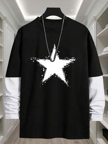 J1425 Men's Long Sleeve T-Shirt With Star Print, Two-Piece Effect, Urban Style, Comfortable And Fashionable, Loose And Comfortable For Summer. - Black - View 1