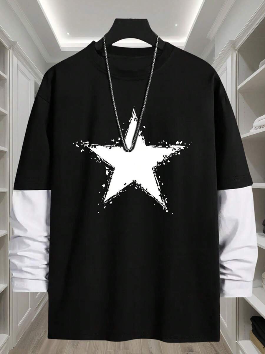 J1425 Men's Long Sleeve T-Shirt With Star Print, Two-Piece Effect, Urban Style, Comfortable And Fashionable, Loose And Comfortable For Summer. - Black - View 1