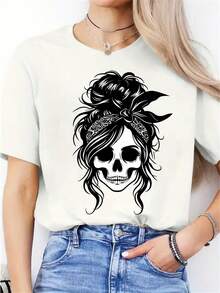 Camiseta de algodón de manga corta para mujer, diseño de calavera moderno y lindo, estilo único, estampado original, nueva camiseta casual deportiva cómoda de cuello redondo para mujer. - Blanco - Ver 9