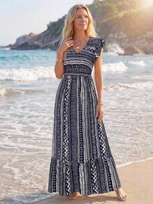 Vestido largo casual y retro para vacaciones, con cintura ceñida, para atuendo diario de primavera/verano, vestidos camiseros para mujer, casual - Azul - Ver 4
